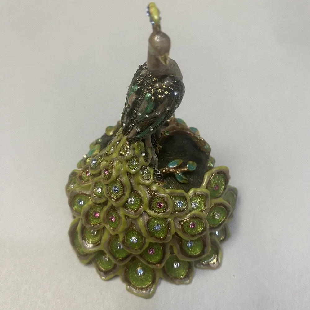 Enameled Rhinestone Peacock Trinket Box Jewelry Ring Holder Magnet Closure